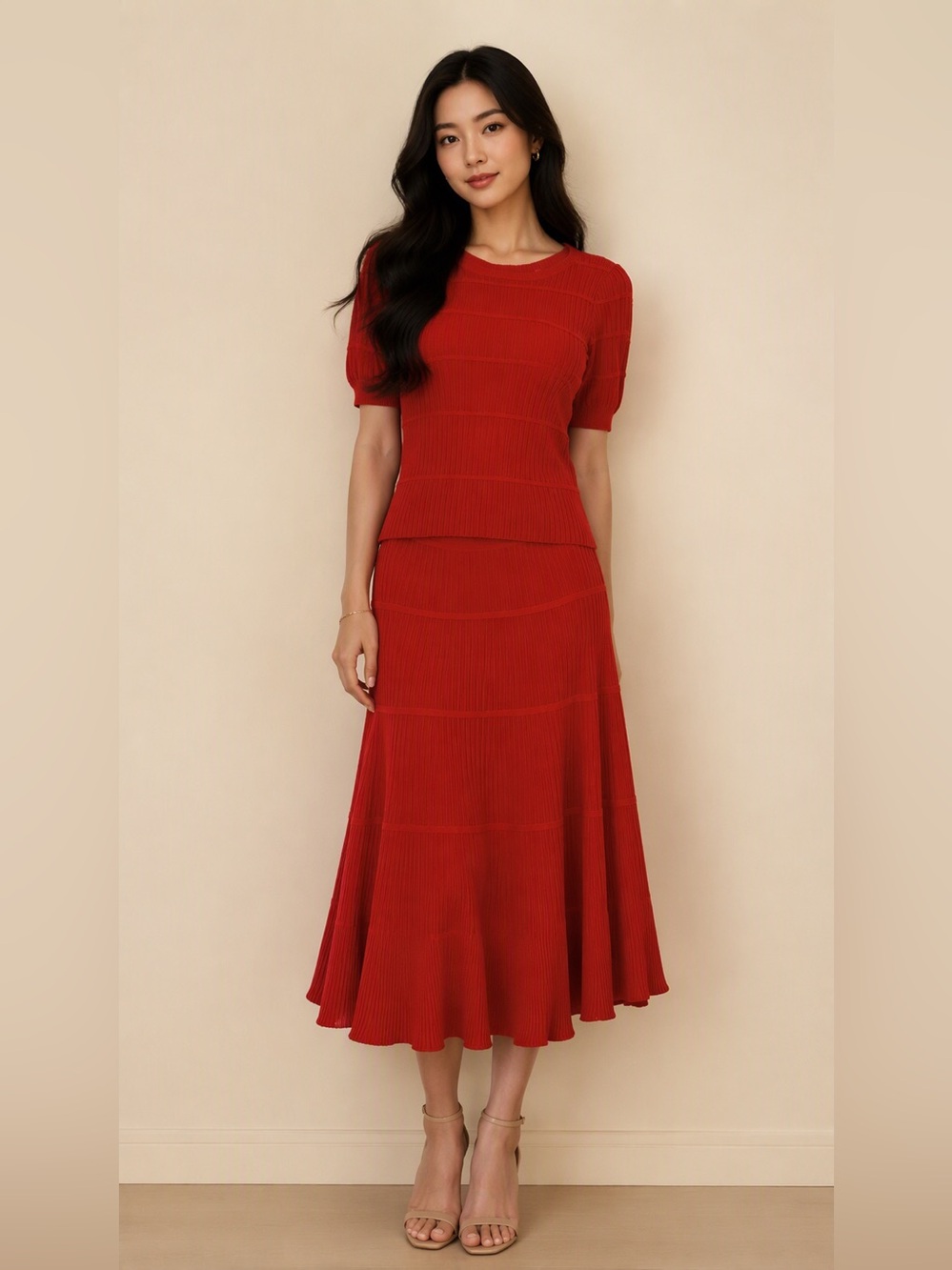 Red Knit Midi blouse and shirt- Elegant